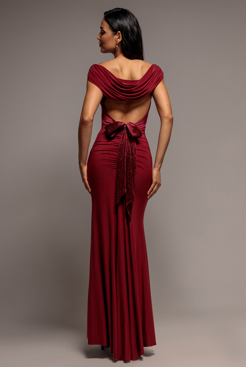 Goddiva Open Back Cowl Neck Gathered Maxi Dress With Velvet Tie Back - Wine