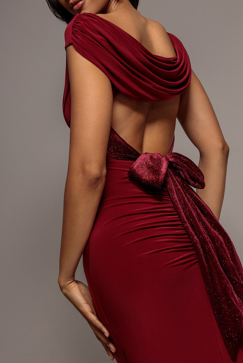 Goddiva Open Back Cowl Neck Gathered Maxi Dress With Velvet Tie Back - Wine