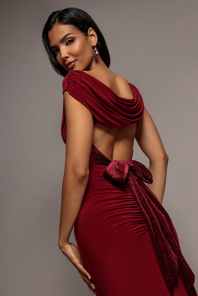 Wine - Goddiva Open Back Cowl Neck Gathered Maxi Dress With Velvet Tie Back - Wine