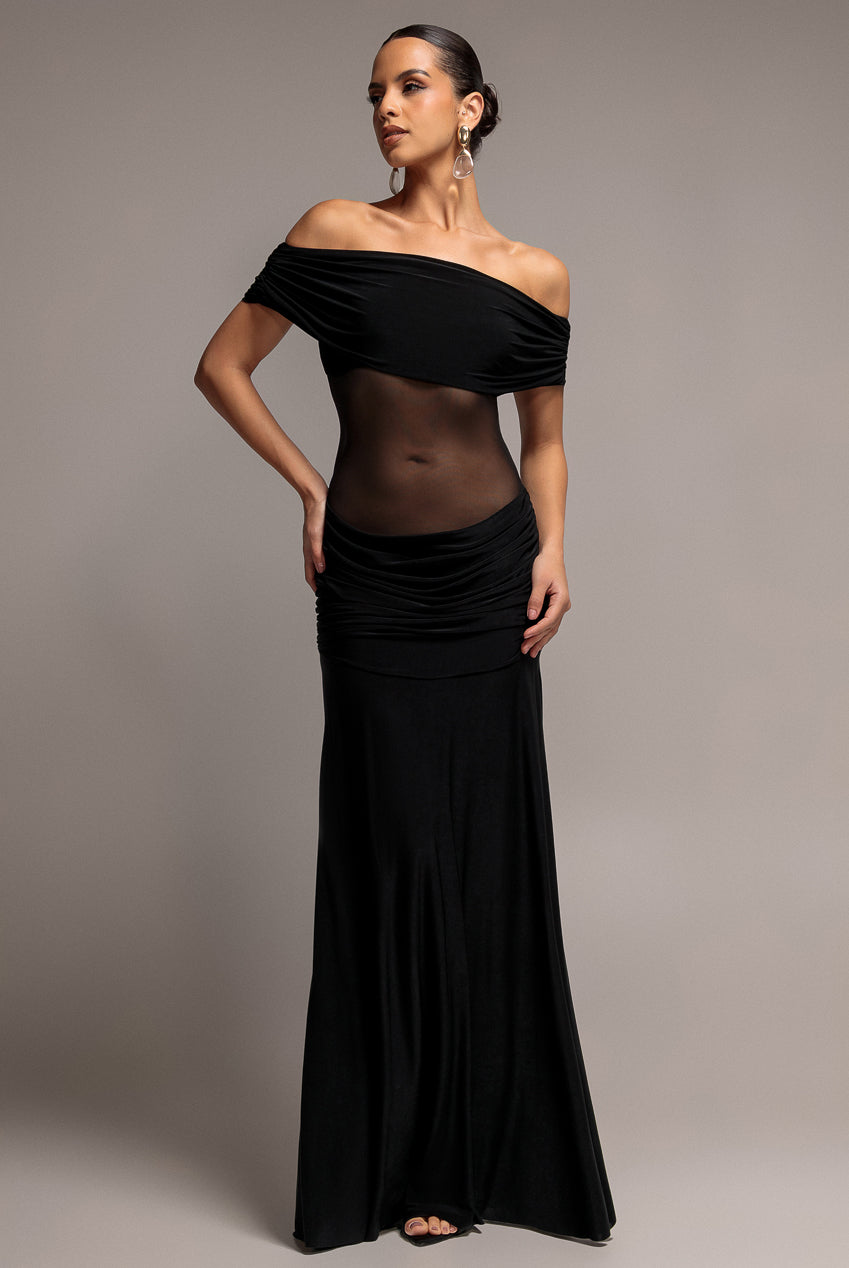 Goddiva Gathered Off The Shoulder Mesh Waist Panel Maxi Dress - Black