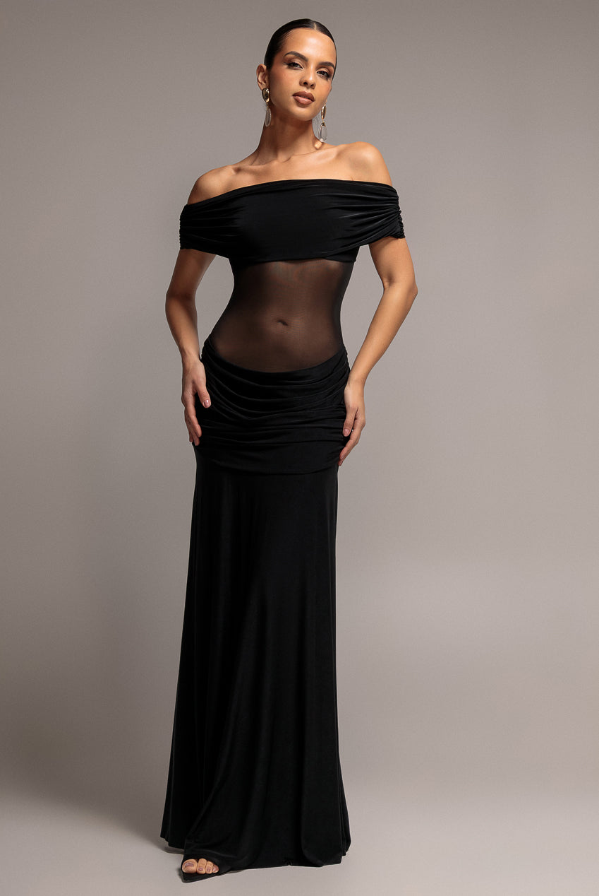 Goddiva Gathered Off The Shoulder Mesh Waist Panel Maxi Dress - Black