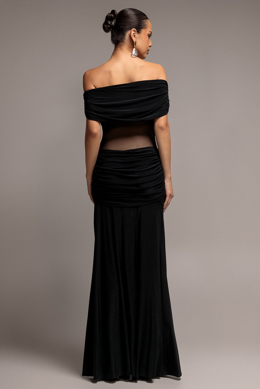 Goddiva Gathered Off The Shoulder Mesh Waist Panel Maxi Dress - Black