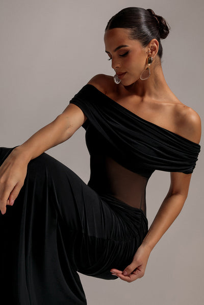 Black - Goddiva Gathered Off The Shoulder Mesh Waist Panel Maxi Dress - Black