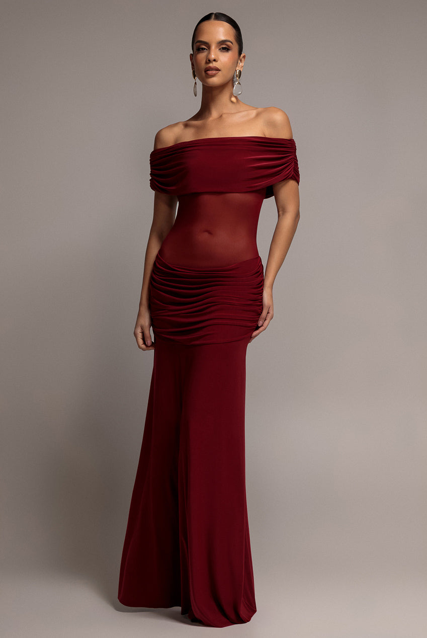 Goddiva Gathered Off The Shoulder Mesh Waist Panel Maxi Dress - Wine