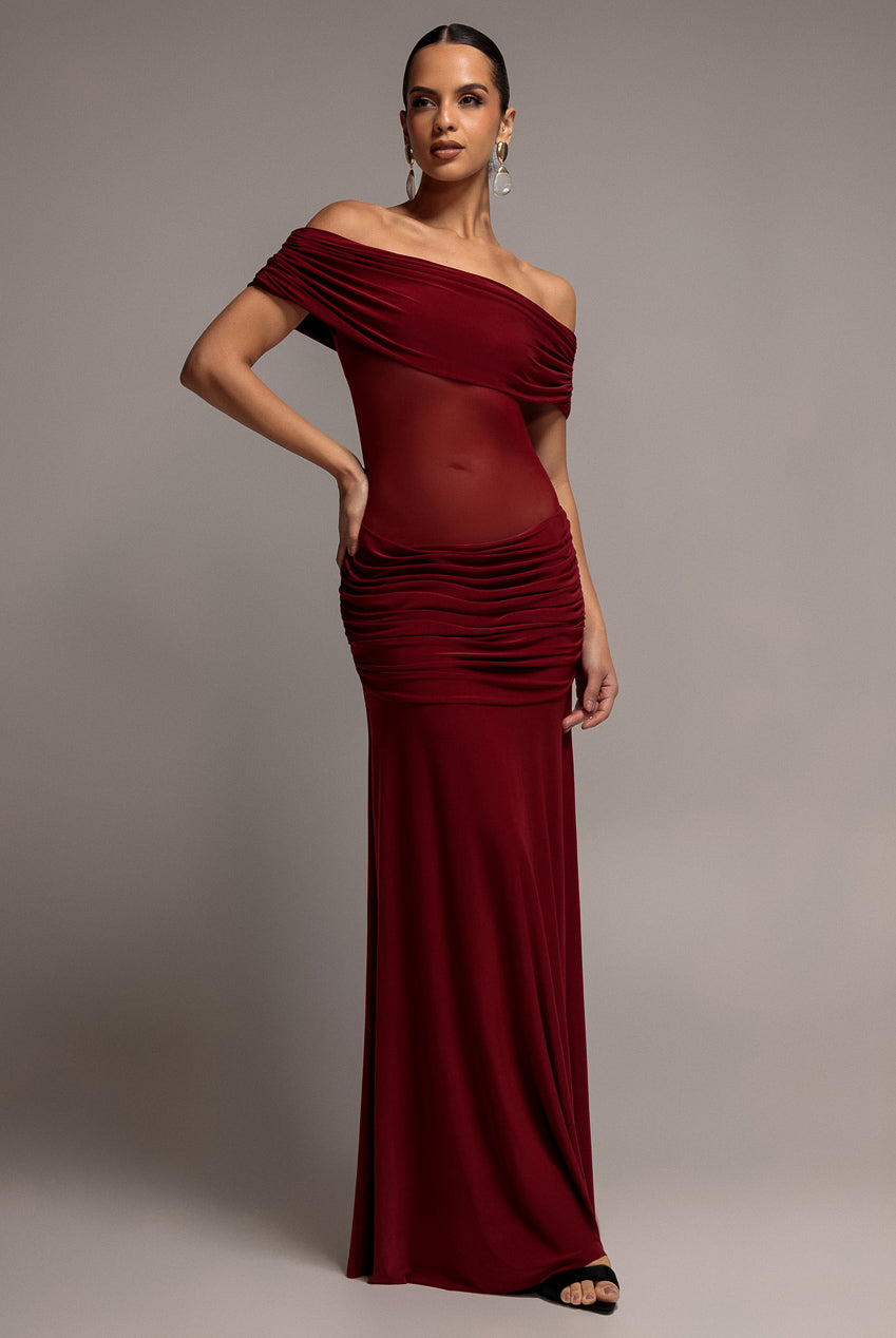 Goddiva Gathered Off The Shoulder Mesh Waist Panel Maxi Dress - Wine