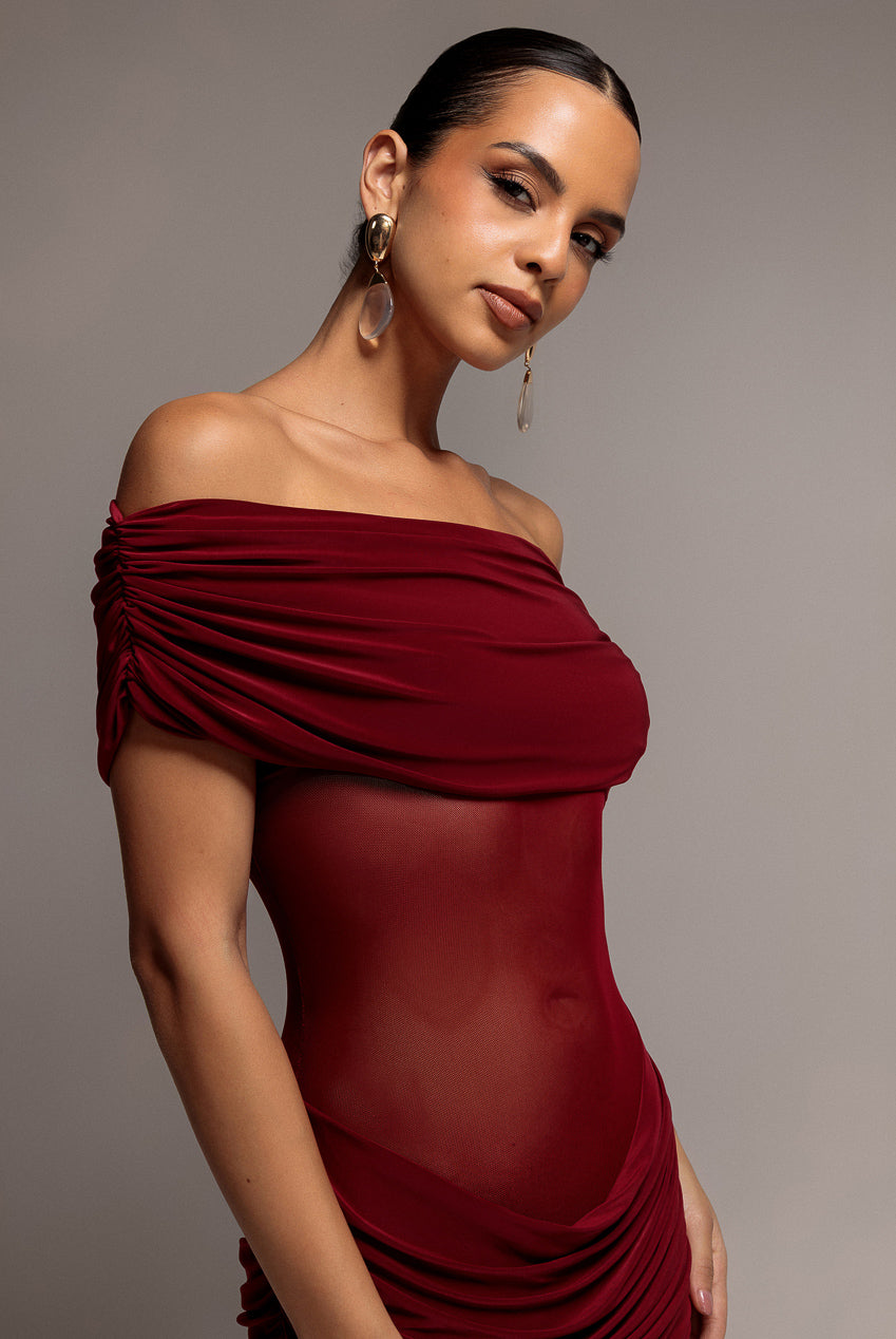 Goddiva Gathered Off The Shoulder Mesh Waist Panel Maxi Dress - Wine