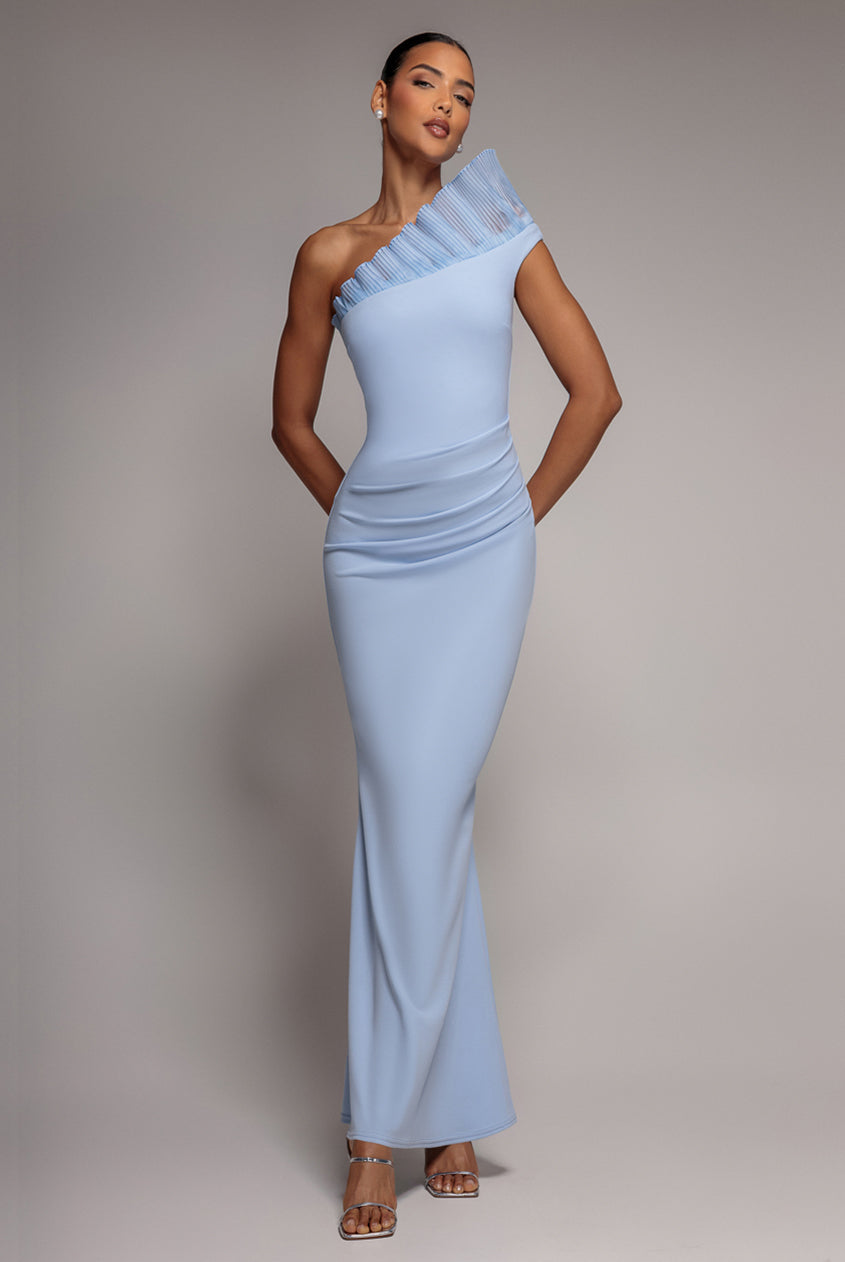 Goddiva One Shoulder Organza Frill Pleated Mermaid Maxi Dress - Powder Blue