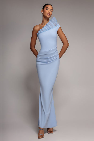 PowderBlue - Goddiva One Shoulder Organza Frill Pleated Mermaid Maxi Dress - Powder Blue
