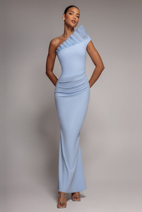 Goddiva One Shoulder Organza Frill Pleated Mermaid Maxi Dress - Powder Blue
