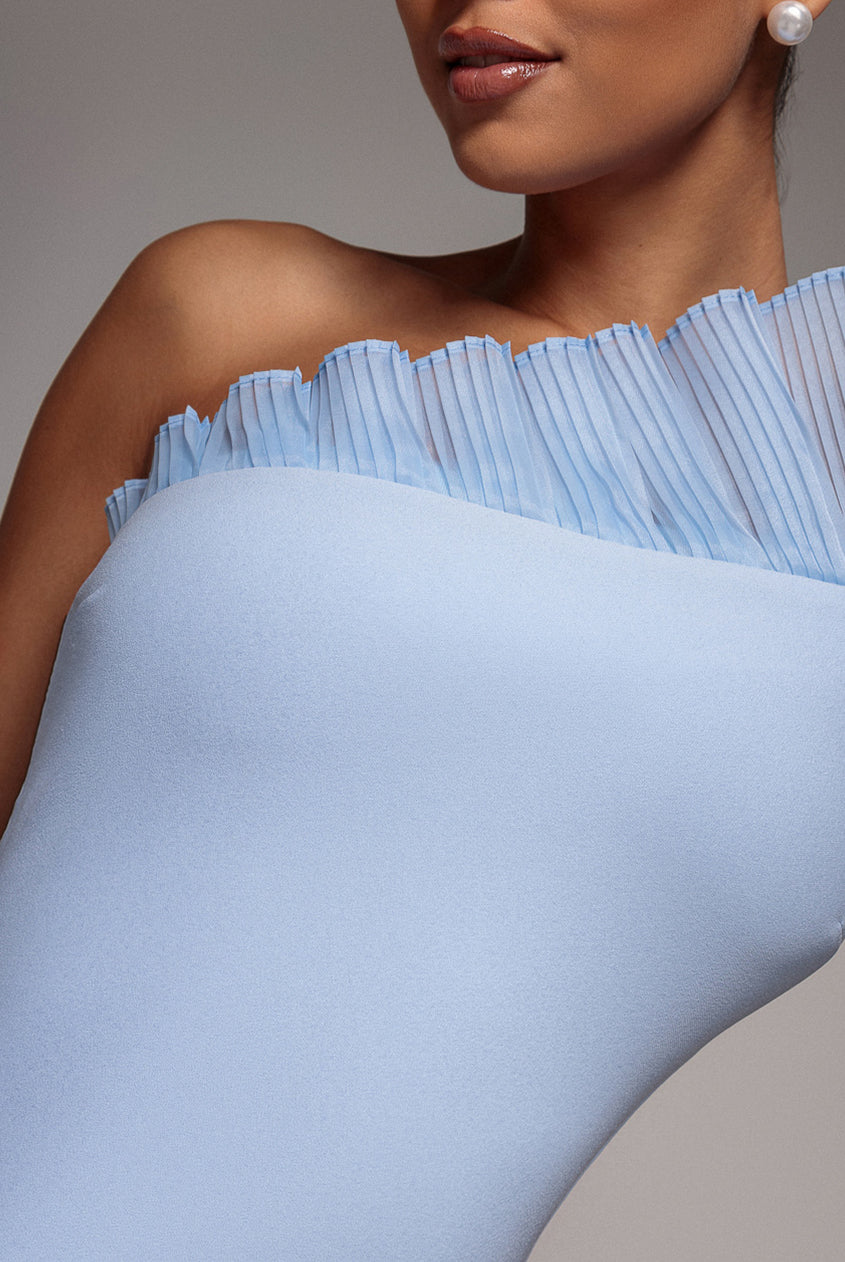 Goddiva One Shoulder Organza Frill Pleated Mermaid Maxi Dress - Powder Blue