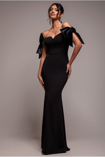 Black - Goddiva Scuba Off The Shoulder Velvet Bow Maxi Dress - Black