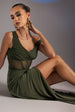 Goddiva Off The Shoulder Corset Waist Mesh Wrap Skirt Soft Touch Maxi Dress - Khaki Green