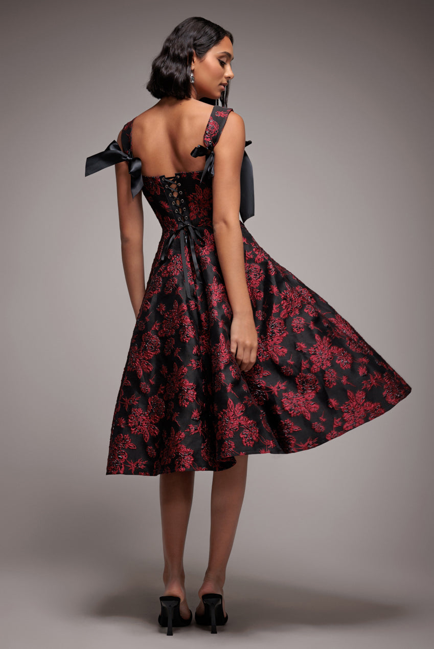 Goddiva Jacquard Multiway Bow Strap Skater Midi Dress - Black