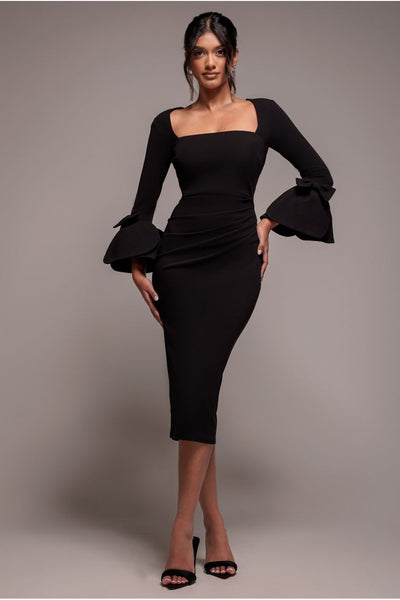 Black - Goddiva Petal Bow Sleeve Frill Midi Dress - Black