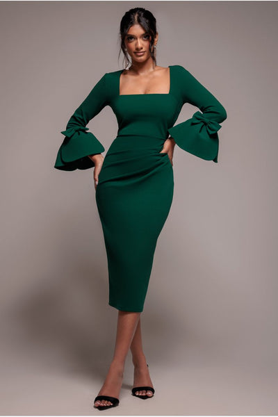 Emerald - Goddiva Petal Bow Sleeve Frill Midi Dress - Emerald Green