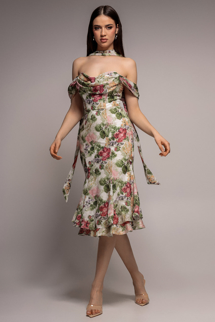 Goddiva Cowl Neck Floral Print Jacquard Chiffon Tiered Midi Dress - Cream