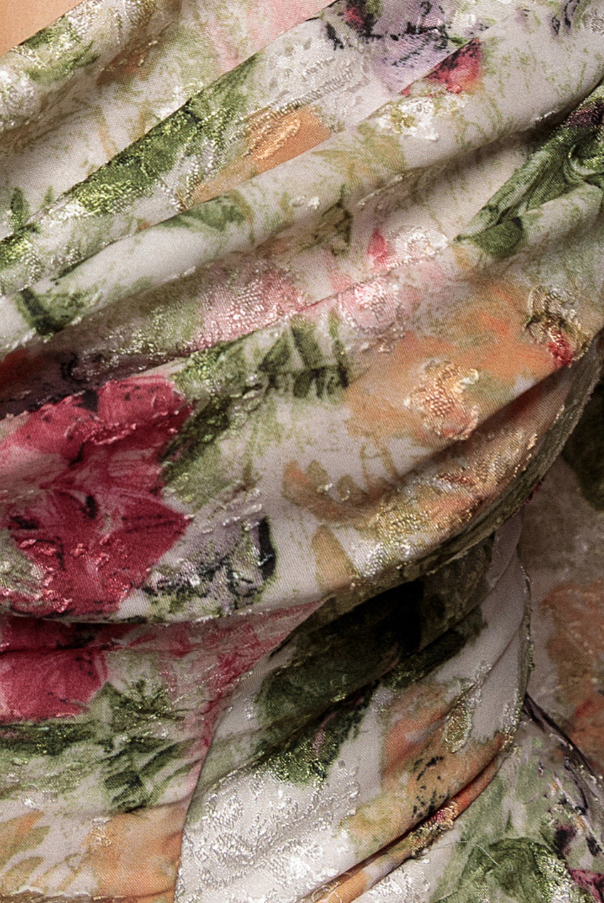 Goddiva Cowl Neck Floral Print Jacquard Chiffon Tiered Midi Dress - Cream