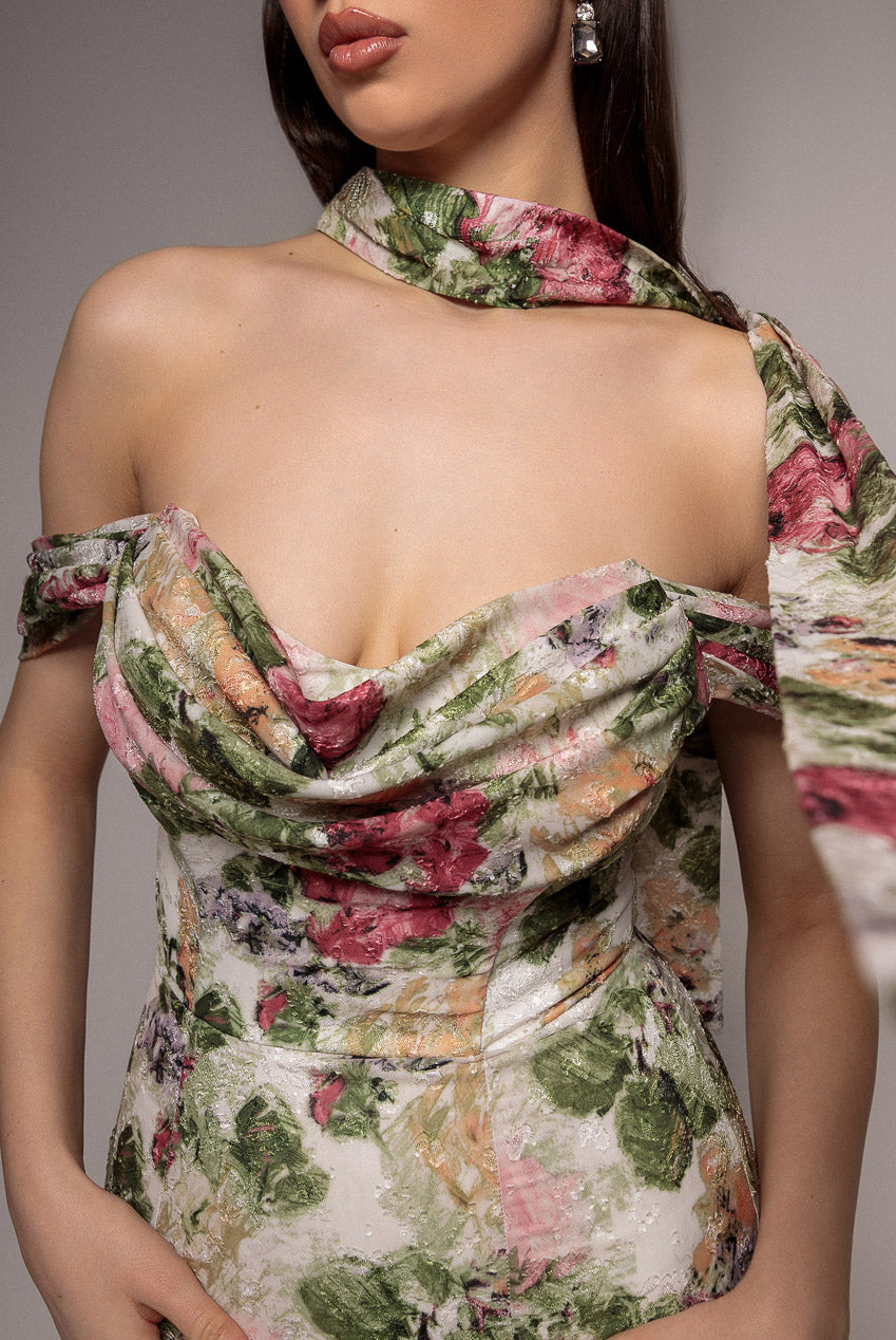 Goddiva Cowl Neck Floral Print Jacquard Chiffon Tiered Midi Dress - Cream