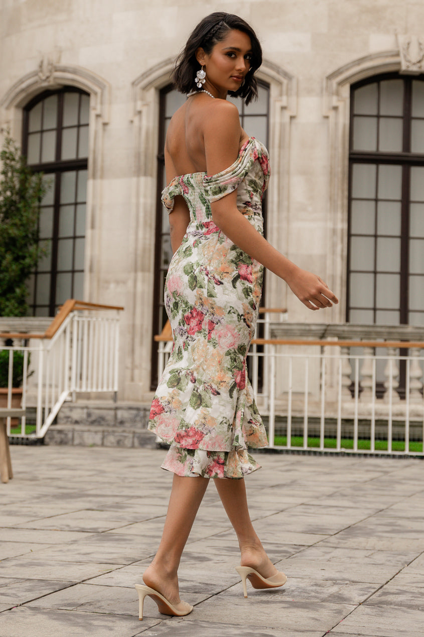 Goddiva Cowl Neck Floral Print Jacquard Chiffon Tiered Midi Dress - Cream