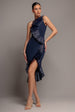 Goddiva One Shoulder Pleated Fan Midi Dress - Navy Blue