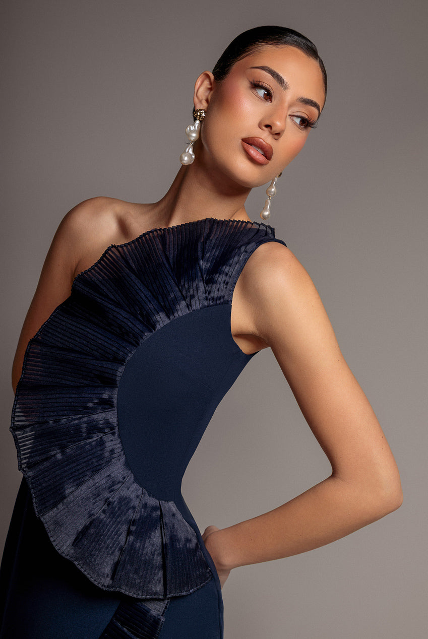 Goddiva One Shoulder Pleated Fan Midi Dress - Navy Blue