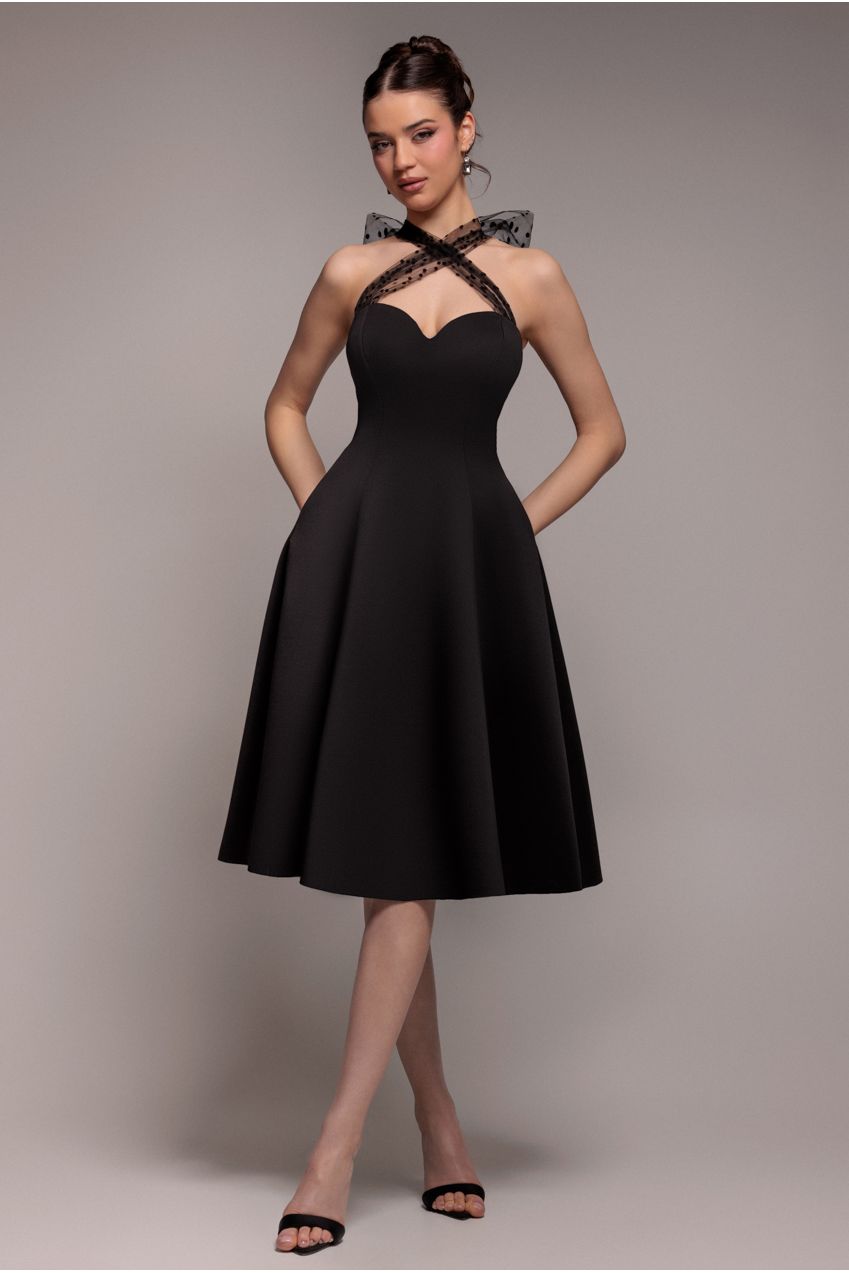 Goddiva Scuba & Polka Mesh Bella Bow Multiway A-Line Midi Dress - Black