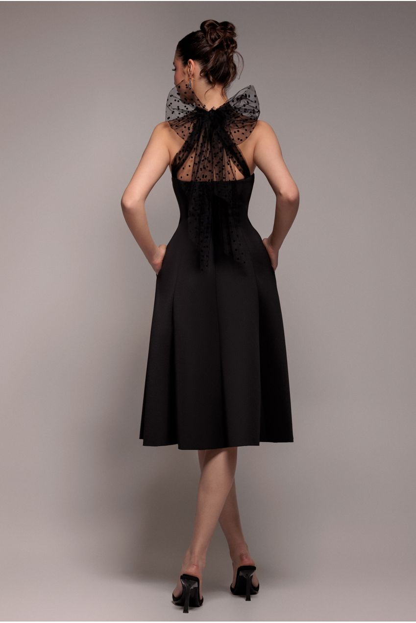 Goddiva Scuba & Polka Mesh Bella Bow Multiway A-Line Midi Dress - Black