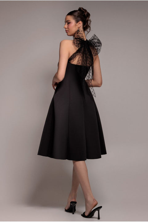 Goddiva Scuba & Polka Mesh Bella Bow Multiway A-Line Midi Dress - Black