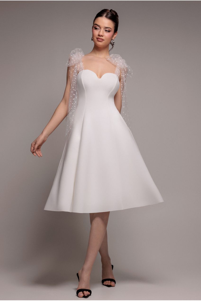 Goddiva Scuba & Polka Mesh Bella Bow Multiway A-Line Midi Dress - White