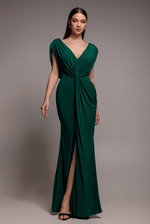 Goddiva Cowl Plunge Draped Mermaid Maxi Dress - Emerald Green