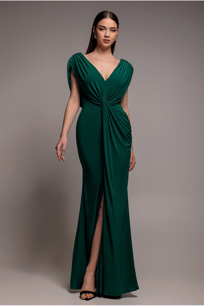 Goddiva Cowl Plunge Draped Mermaid Maxi Dress - Emerald Green
