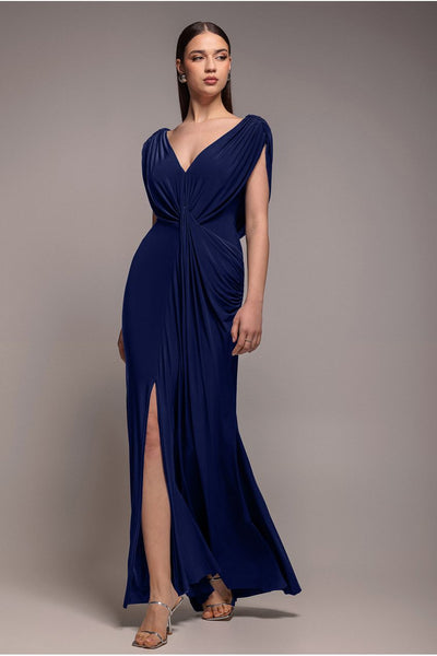 NavyBlue - Goddiva Cowl Plunge Draped Mermaid Maxi Dress - Navy Blue