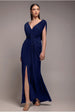 Goddiva Cowl Plunge Draped Mermaid Maxi Dress - Navy Blue