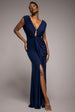 Goddiva Cowl Plunge Draped Mermaid Maxi Dress - Navy Blue