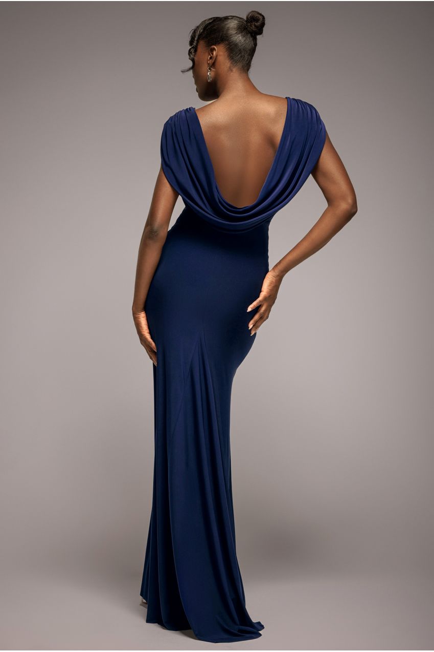 Goddiva Cowl Plunge Draped Mermaid Maxi Dress - Navy Blue