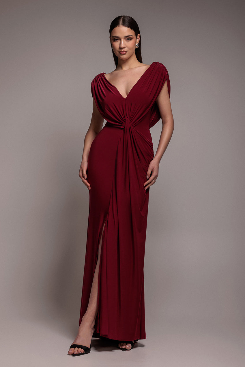 Goddiva Cowl Plunge Draped Mermaid Maxi Dress - Wine