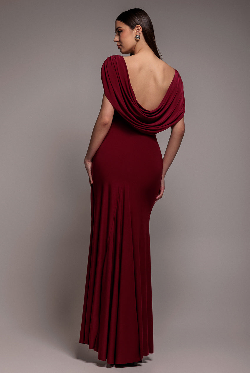 Goddiva Cowl Plunge Draped Mermaid Maxi Dress - Wine