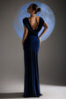 Goddiva Cowl Plunge Draped Mermaid Maxi Dress - Navy Blue