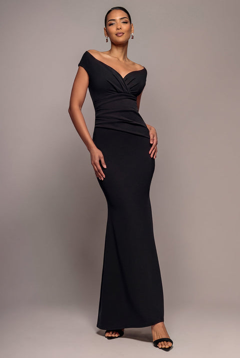 Goddiva Bardot Scuba Crepe Maxi Dress - Black