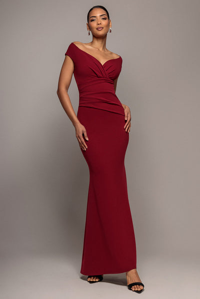 Wine - Goddiva Bardot Scuba Crepe Maxi Dress - Wine