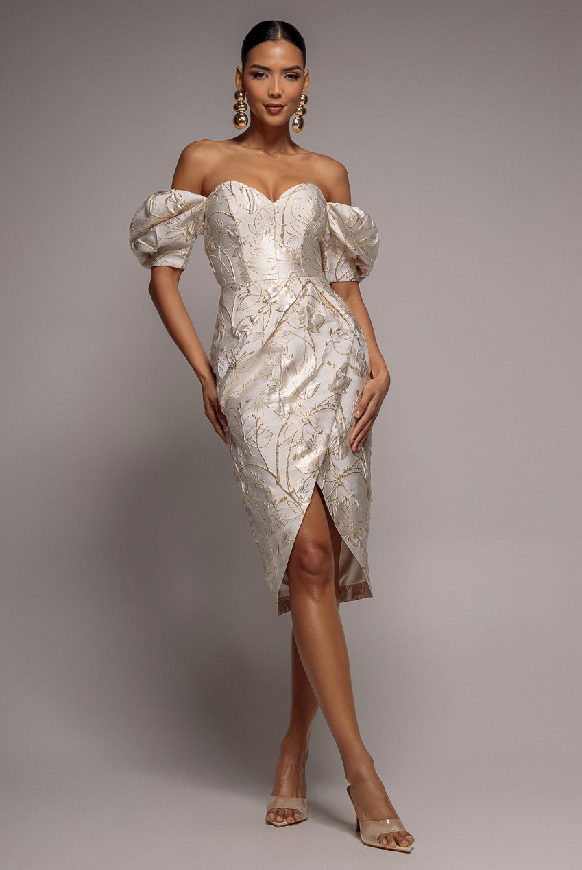 Goddiva Puff Sleeve Sweetheart Midi Dress - Cream