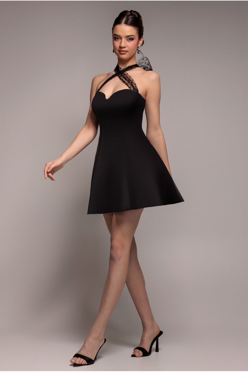 Goddiva Scuba & Polka Mesh Bella Bow Multiway Skater Mini Dress - Black