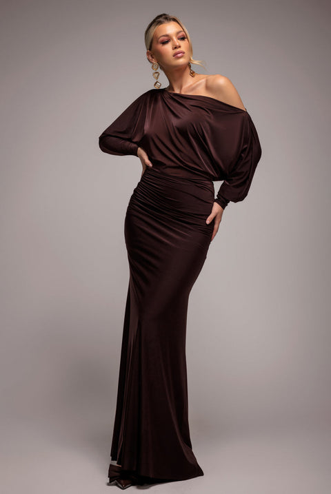 Goddiva Bat Wing Elasticated Side Gather Maxi Dress - Brown