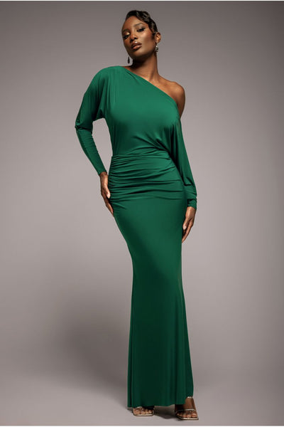 EmeraldGreen - Goddiva Bat Wing Elasticated Side Gather Maxi Dress - Emerald Green