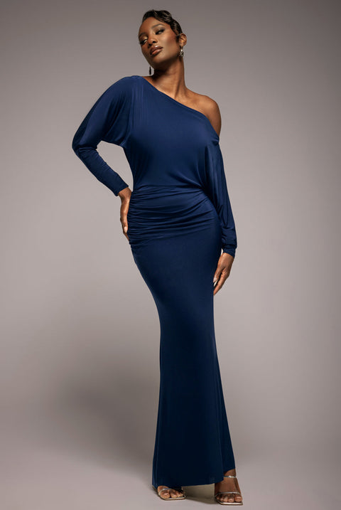 Goddiva Bat Wing Elasticated Side Gather Maxi Dress - Navy Blue