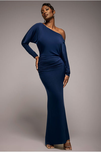 NavyBlue - Goddiva Bat Wing Elasticated Side Gather Maxi Dress - Navy Blue