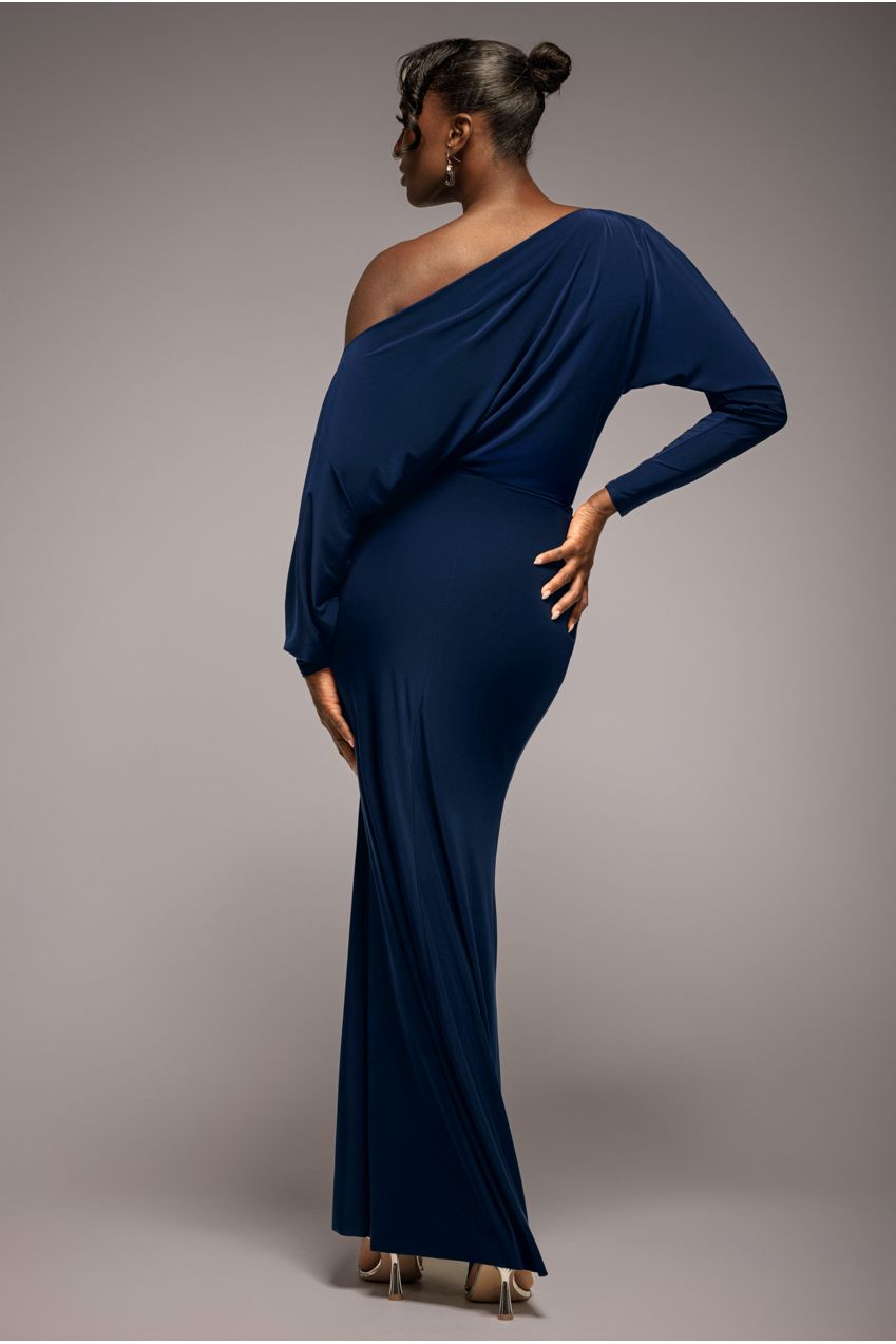 Goddiva Bat Wing Elasticated Side Gather Maxi Dress - Navy Blue