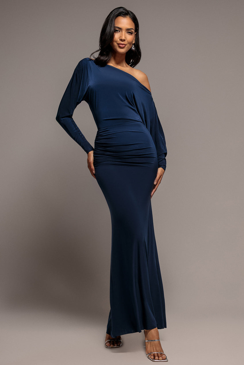 Goddiva Bat Wing Elasticated Side Gather Maxi Dress - Navy Blue