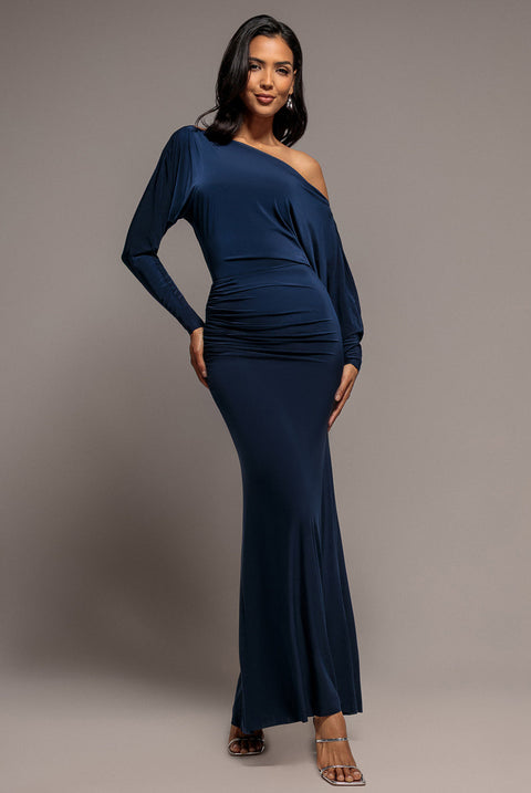 Goddiva Bat Wing Elasticated Side Gather Maxi Dress - Navy Blue