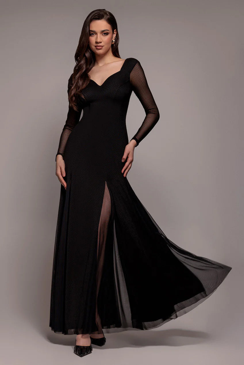 Goddiva Dobby Mesh Insert Long Sleeve A-Line Maxi Dress - Black